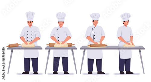 Four chefs in uniform, kneading dough at separate tables, demonstrating a baking process.