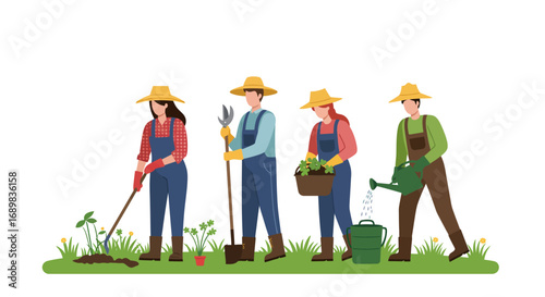 Four gardeners tending a garden plot, showing various gardening tasks.