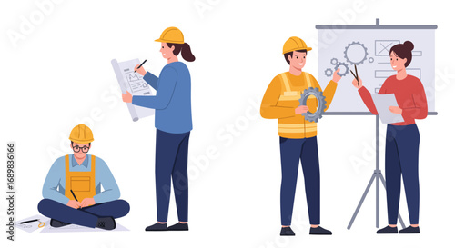 Diverse engineers collaborating on blueprints, machinery, and diagrams in a modern workplace setting.