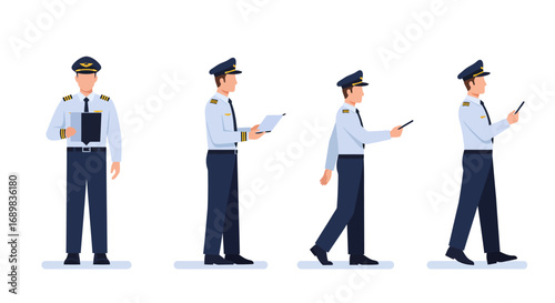 Four male pilots in uniform, showcasing various actions: holding clipboard, reading documents, using a device, and walking.