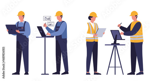 Four construction workers collaborate using laptops and documents, showcasing teamwork and technological integration in the industry.