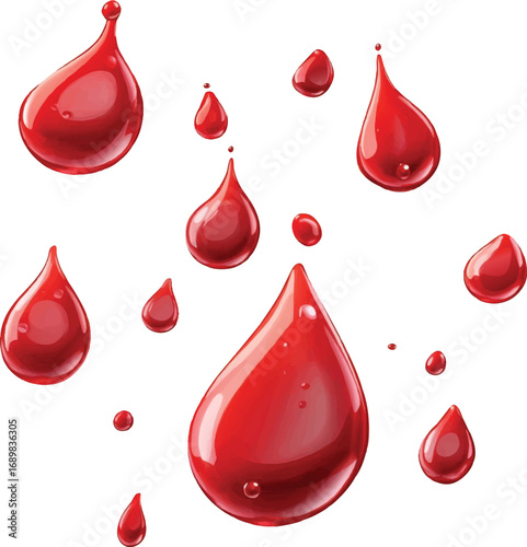 Red Blood Drops of Various Sizes on White Background