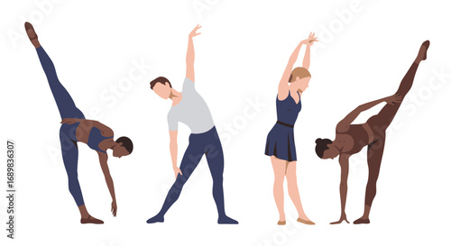 Four diverse individuals engaging in various ballet poses, demonstrating flexibility and graceful movements in a studio setting.