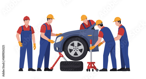 Five mechanics working on a car, lifting it with a jack, performing maintenance tasks.