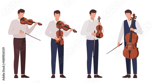 Four musicians stand holding and playing string instruments: violins and a cello, dressed in formal attire.