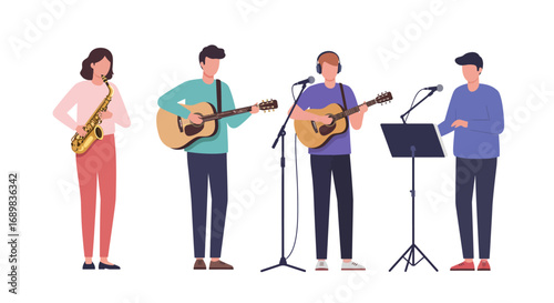 Four musicians perform together: a woman with a saxophone, two men playing acoustic guitars, and a man at a keyboard, all against a white background.