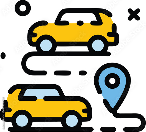 Car navigation route icon two vehicles traveling destination marker