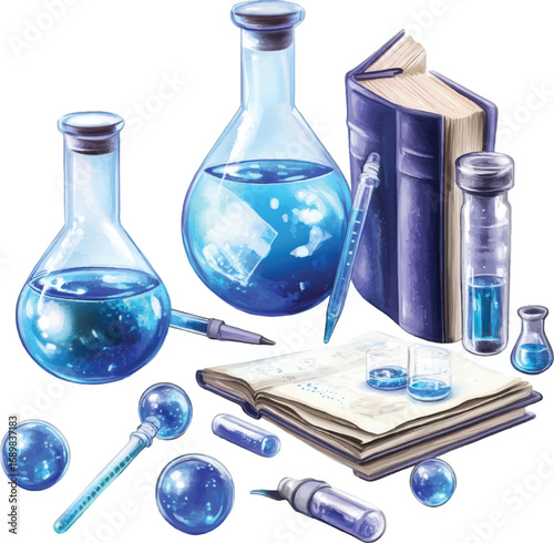 Vintage laboratory equipment with blue liquid and books Keywords: laboratory, science, chemistry