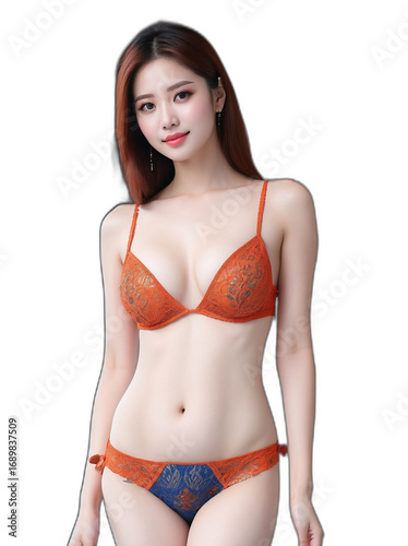 Sexy Asian woman with long hair wearing bikini, isolated on transparent background
