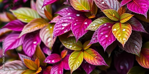 Vibrant purple leaves glistening with raindrops, lush exotic texture,  dew,  background