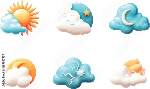 Set of six cartoon weather icons on white background Keywords: weather, sun, cloud, moon, star
