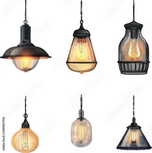 Collection of six vintage Edison bulb pendant lights