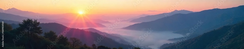 Fototapeta premium Serene landscape at dawn, mist rolling over tranquil mountains; a sense of peace and connection with nature, evoking spiritual contemplation and inner peace , oneness, peace, stillness