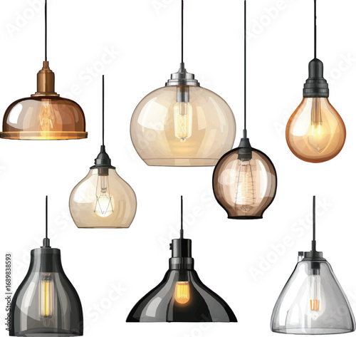 Collection of seven hanging pendant light fixtures Keywords: pendant light, light fixture, lamp