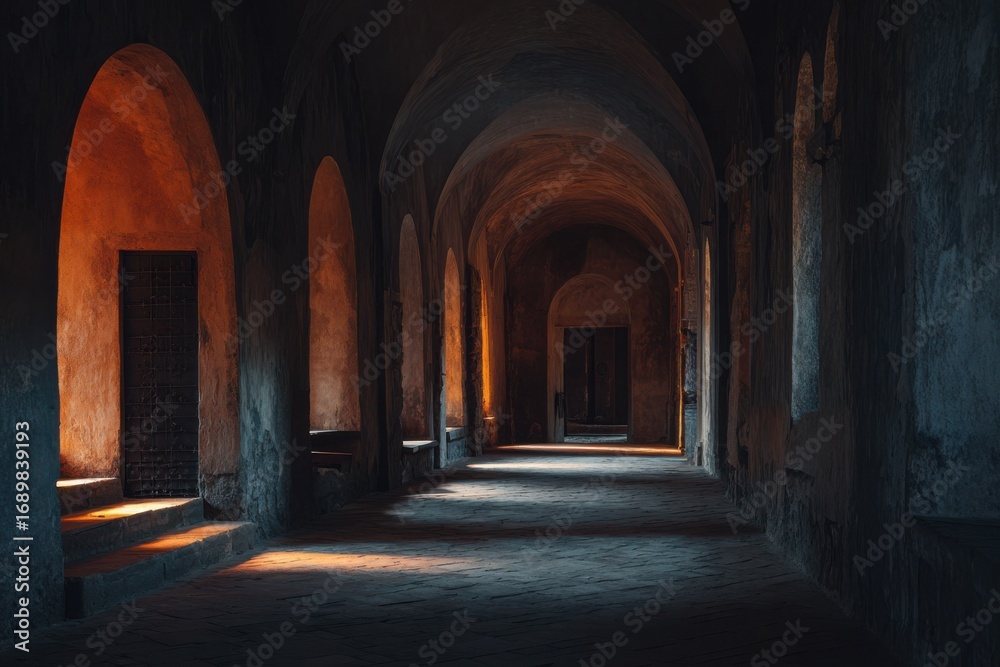 Obraz premium Serene Gothic Archway Corridor with Warm Light and Soft Shadows Perfect for Architectural and Atmospheric Photography Projects