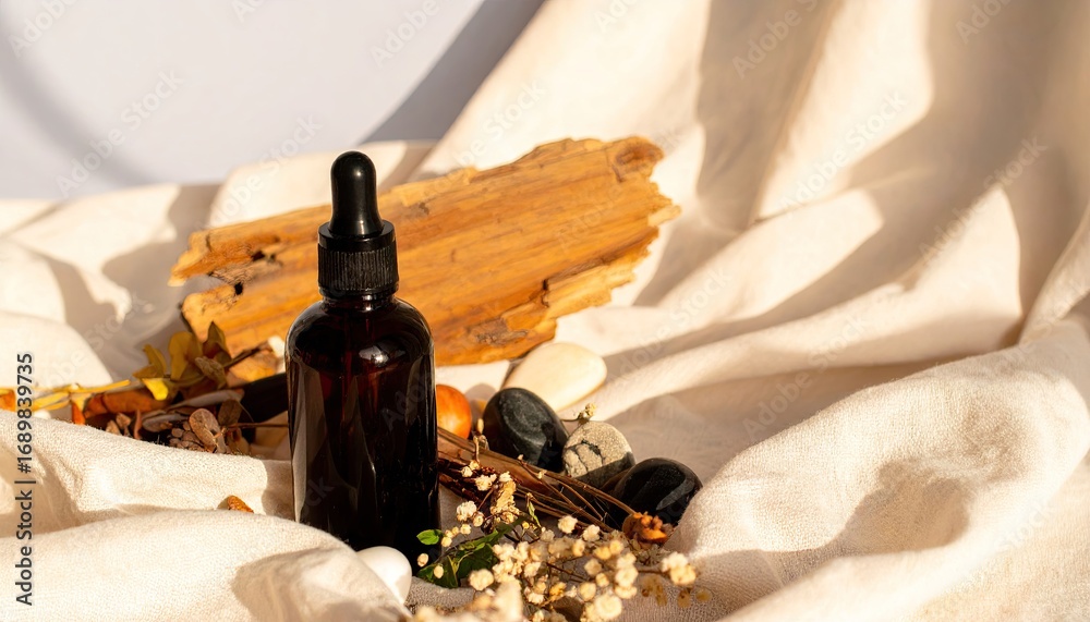 Naklejka premium Amber Essential Oil Bottle on Linen Flatlay with Natural Elements