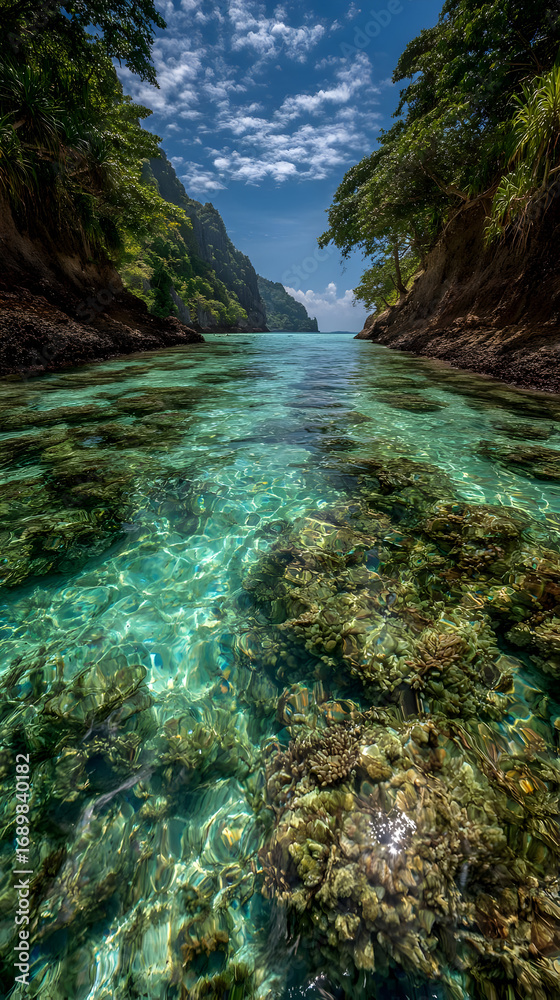 Fototapeta premium tropical lagoon surrounded by green cliffs and turquoise crystal clear waters