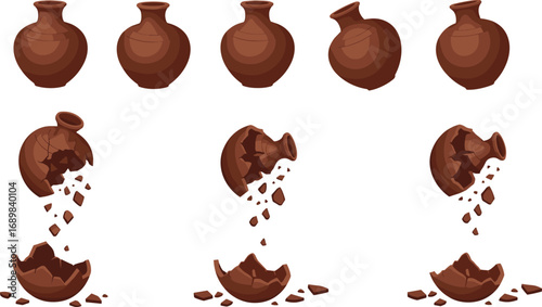 Clay pot breaking animation sequence, shattered pottery, falling pieces, damaged ceramic jar, destruction process, cartoon vector illustration, timeline concept.