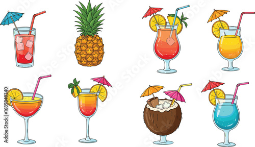 Colorful tropical summer cocktails, fresh pineapple, coconut drink, vibrant fruit beverages with umbrellas, ice cubes, lemon slices, refreshing drinks.