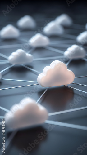 of cloud technology shown as glowing digital clouds above a futuristic network