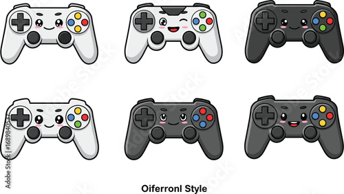 Cute cartoon game controllers, kawaii style, smiling joystick icons, gaming illustration for kids, fun playful console design elements, vector.
