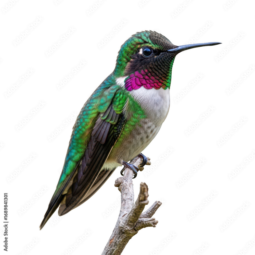 Fototapeta premium A vibrant green and purple hummingbird perched on a thin branch, isolated on a transparent background