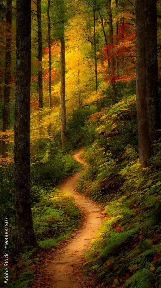 Obraz premium autumn forest with fallen leaves covering a quiet woodland trail
