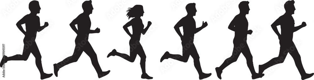 Six Running People Silhouettes, Men and Woman Dynamic Sport Activity Vector Illustration