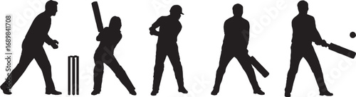 Cricket Player Silhouettes Vector Set Dynamic Batting Bowling Fielding Poses and Equipment