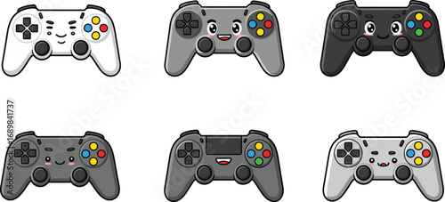 Cute kawaii style cartoon video game controllers, smiling joysticks, colorful buttons, playful gaming icons, digital entertainment vector illustrations.