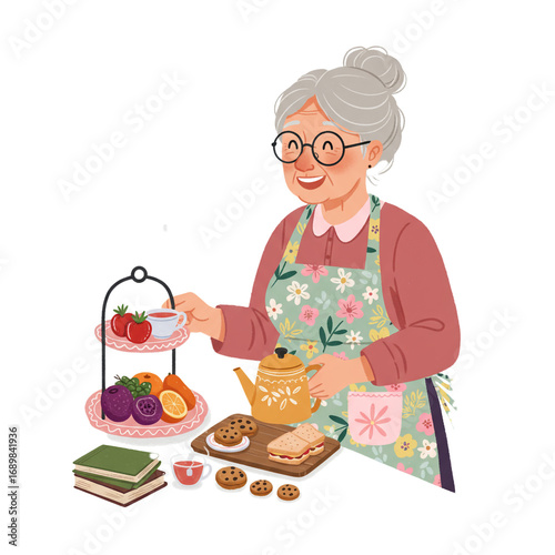 A charming illustration of a smiling elderly woman in an apron serving afternoon tea with a teapot, sandwiches, cookies, and a tiered tray of fresh fruit.