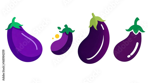 set Vector illustration of fresh organic vegetables, eggplant on transparent background