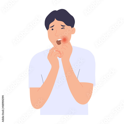Man with toothache, Male dental pain, suffering from severe tooth pain, Cartoon with bad tooth, flat design    