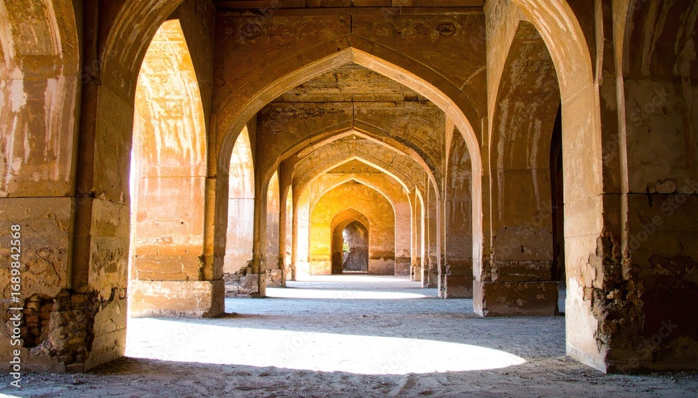 Naklejka premium Ancient Stone Arch Corridor With Warm Sand Floor