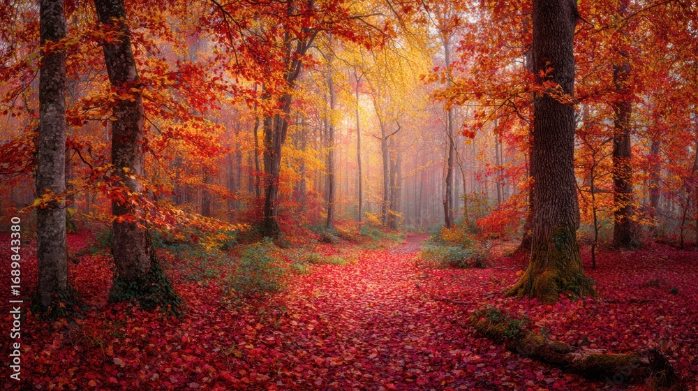 Fototapeta premium Autumn Forest Path Scene with Vibrant Red Orange Leaves in Misty Light