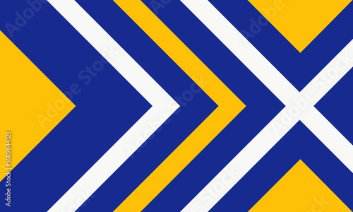 Bold geometric flag design with dynamic chevrons and stripes in blue, gold, and white, symbolizing progress, unity, and forward momentum