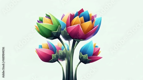 Colorful geometric flowers with vibrant petals against a white background.