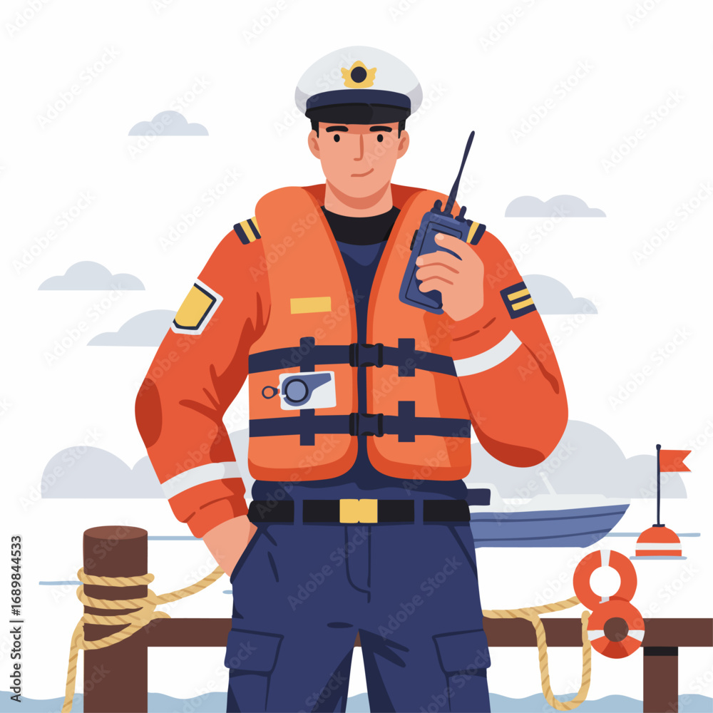Fototapeta premium Confident Coast Guard Officer Using Radio Communication at Port