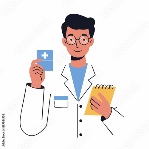 Illustrated male doctor in lab coat and glasses, holding a medical cross and notepad, offering expert healthcare services, medical advice, and consultation