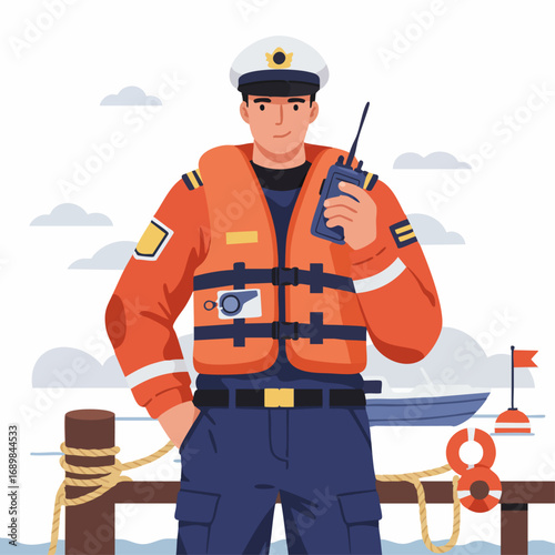 Confident Coast Guard Officer Using Radio Communication at Port