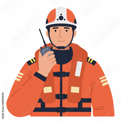 Dedicated emergency responder in uniform, helmet, and life vest, communicating via walkie-talkie, embodying safety and swift action for critical situations