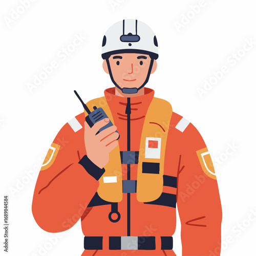 A vector illustration of a search and rescue professional using a radio for essential team communication during an operation