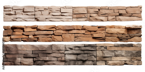 Three Samples of Rustic Stone Veneer Wall Cladding in Beige, Brown, and Gray Tones transparent background png