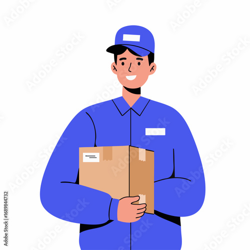 Friendly delivery man in a blue uniform holding a cardboard box. Vector illustration representing the concept of courier and logistics services