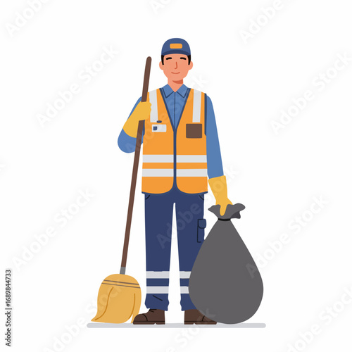 Friendly male sanitation worker in uniform holding a broom and a trash bag. Cheerful street cleaner or janitor character vector illustration isolated on white background