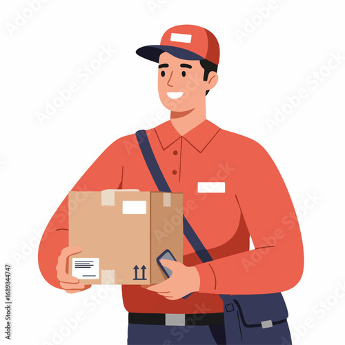 Vector illustration of a smiling delivery man holding a package for shipment. Professional logistics and transport service concept