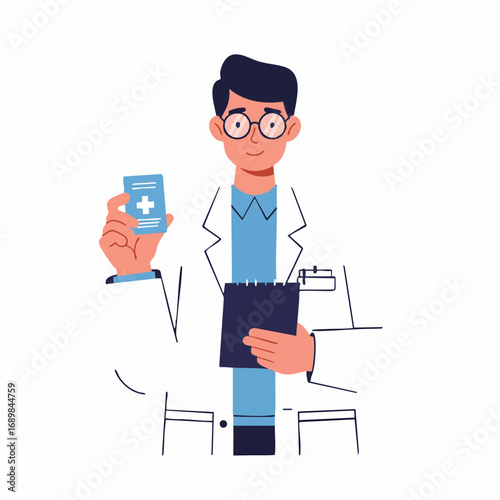 Vector illustration of a friendly physician holding a medical prescription, representing modern healthcare services and professional advice