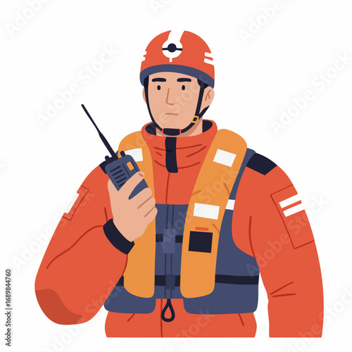 Professional rescuer character in a safety helmet and life vest communicating on a portable radio during an emergency mission