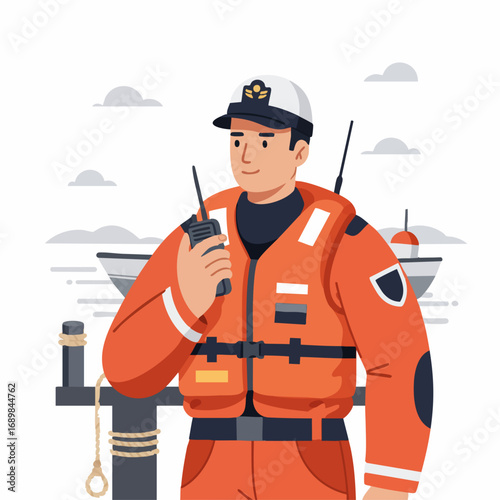 Marine Safety Officer Holding Radio Transmitter Near Boat Illustration of Maritime Communications