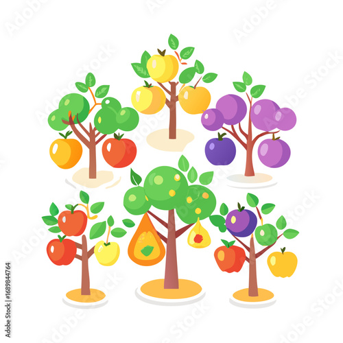 Collection of Stylized Fruit Trees Featuring Apples Pears Lemons Oranges and Plums on Transparent Background for Design
